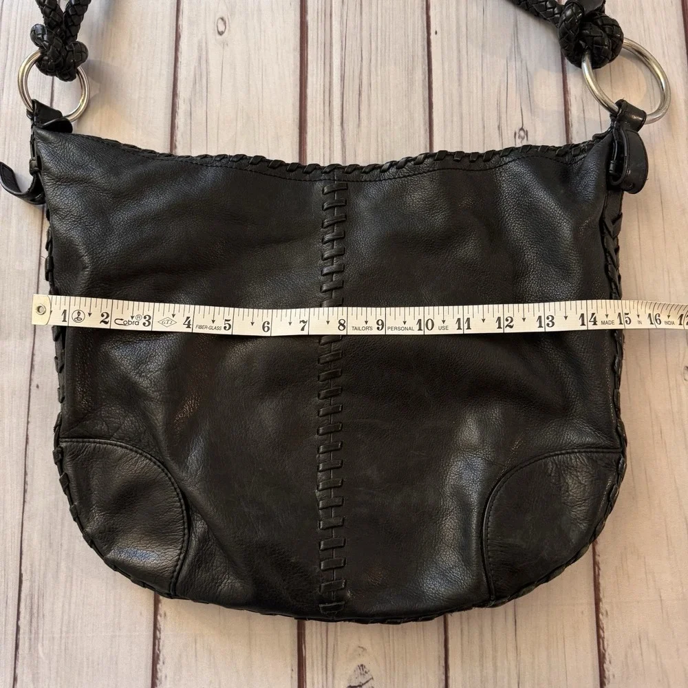 Ralph Lauren Black‎ Leather Braided Strap Hobo Shoulder Bag Whipstitch Rings